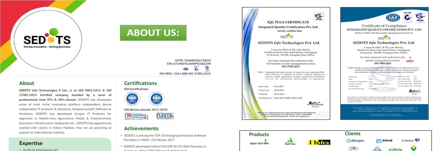 ISO 9001:2015 and ISO 27001:2013 certificates and CIO Review awards